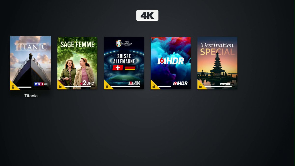 Nouvelle rubrique "4K UHD" sur <a href="/MolotovTV/">Molotov</a> :
* TF1 4K
* France 2 UHD
* M6 4K
* M6 HDR
* Luxe TV 4K