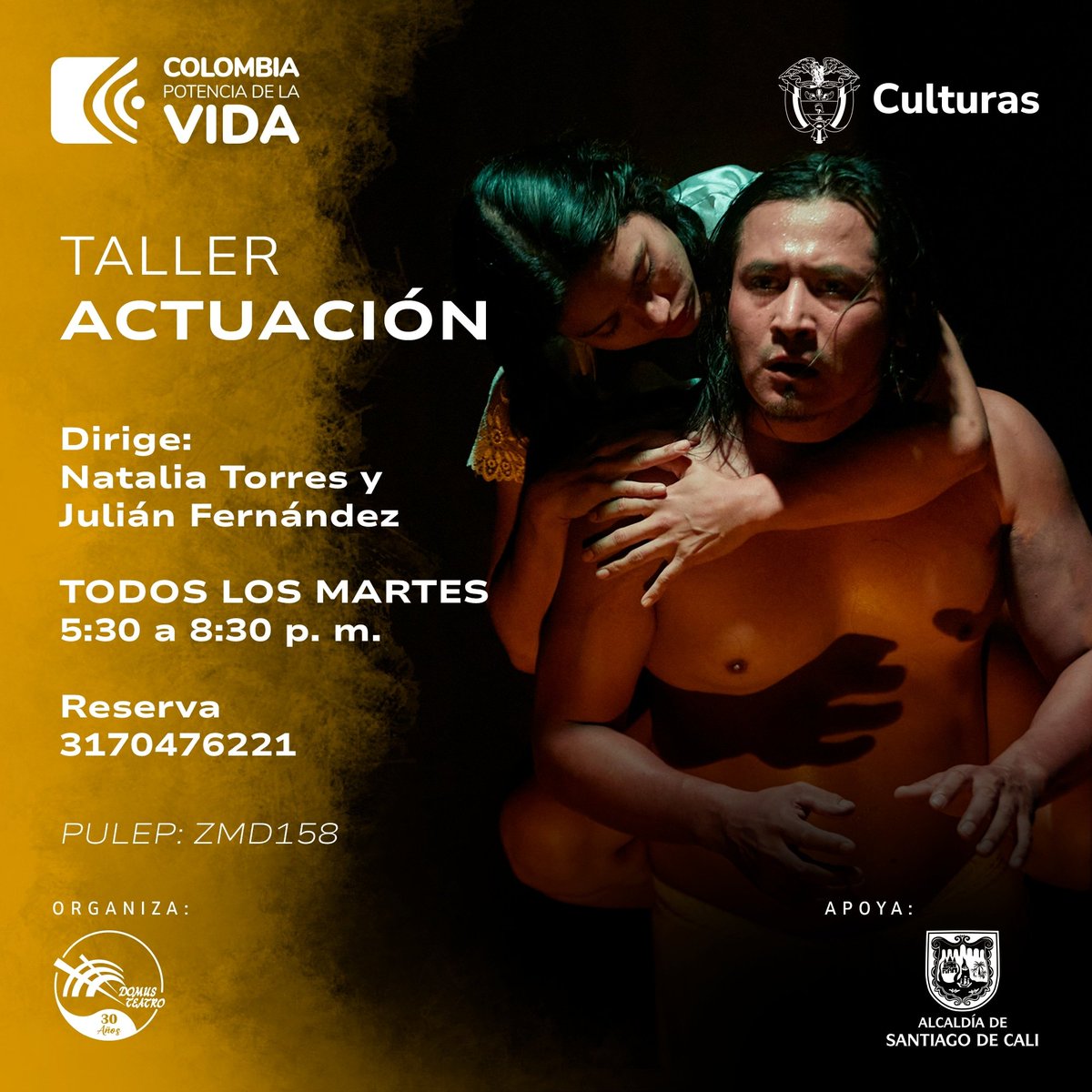 𝐓𝐀𝐋𝐋𝐄𝐑 𝐃𝐄 𝐀𝐂𝐓𝐔𝐀𝐂𝐈𝐎́𝐍 

𝗧𝗼𝗱𝗼𝘀 𝗹𝗼𝘀 𝗺𝗮𝗿𝘁𝗲𝘀 
5:30 a 8:30 p. m.
Para jóvenes y adultos
Mes: $𝟏𝟓𝟎.𝟎𝟎𝟎 
20% de descuento por parejas o presentando el carné de Bellas Artes o UniMinuto
Reservas al 317 0476221
PULEP: ZMD158