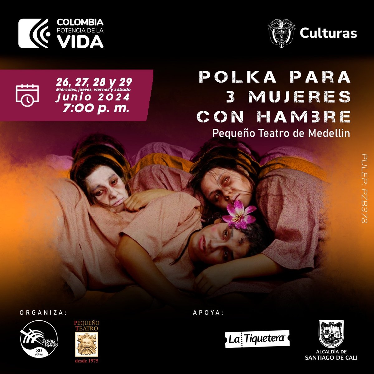 20% de descuento: parejas y convenio especial con Bellas Artes y UniMinuto.
Reservas: 317 0476221
Boletería en latiquetera.com 301 7302553
Domus Teatro: Carrera 25 2-72 San Fernando, Cali