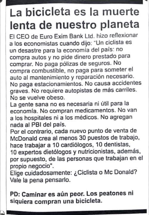 PD: Caminar es aún peor; 
Los peatones ni siquiera compran una bicicleta.