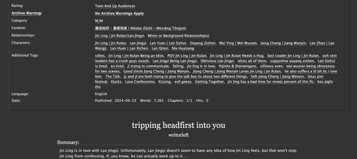 writorleft's tweet photo. "tripping headfirst into you" 
🌸 jin ling confessing to lan jingyi 
🌟7k words 
🌸 teen and up 
link below! 

written for the @MDZSaction for @clintbeefwoods , i hope u enjoy it!! 💕 https://t.co/5KSqIEAnfB