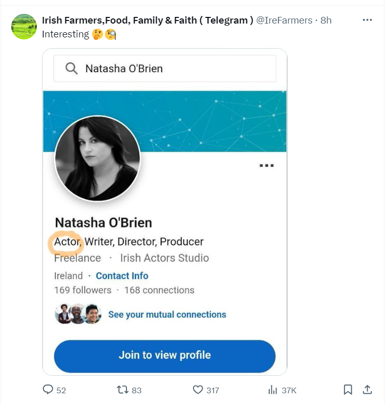 Care2much18's tweet photo. This is the latest utterly deranged conspiracy theory going around far-right Irish Twitter. 

They found a profile of Natasha O'Brien on Linkedin and concluded she is a "crisis actor" and the "whole thing is staged". 

Famously very few O'Brien's with the same name in Ireland. https://t.co/4T6xG7iAUy
