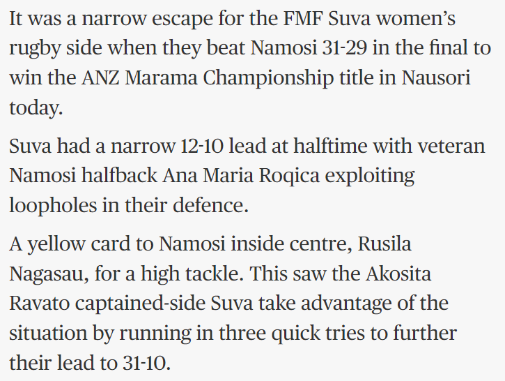 Congratulations to the Suva Women's Rugby team for their incredible victory in the ANZ Marama Cup Tournament👏🏽👏🏽❤️.
 
Source: Fiji Sun, 22/06/24.

#wishfiji #womeninsports #inspiration #fijirugby #womenempowerment
