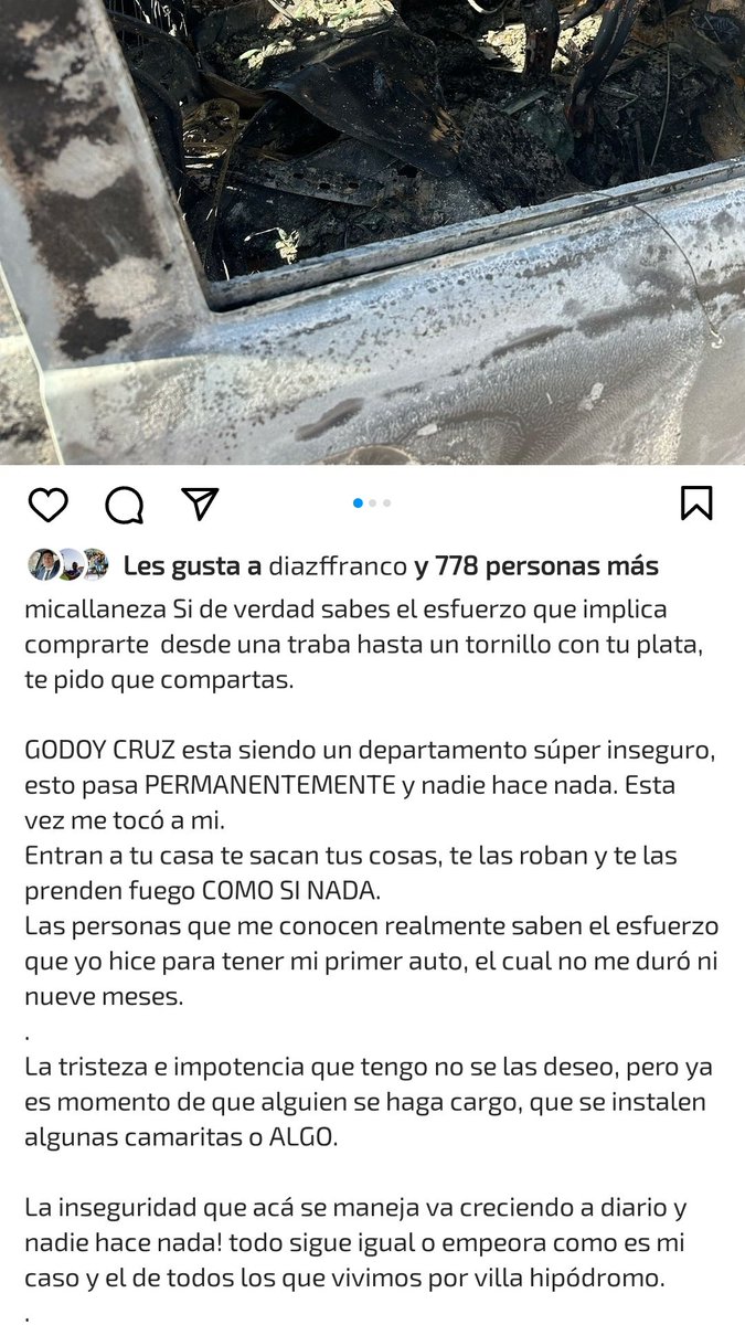Indignación de los vecinos del Barrio San Ignacio, de Godoy Cruz. Le robaron el auto y a los pocos km se lo prendieron fuego. La víctima contó en sus redes sociales que hacía 9 meses que lo tenía y que era su primer auto. <a href="/radionihuil/">Radio Nihuil</a> #Inseguridad