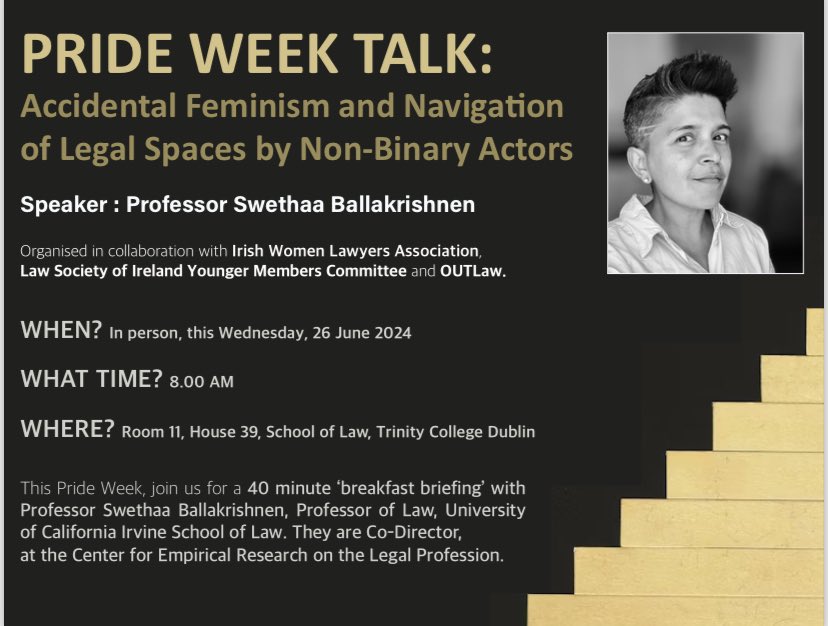 Maeve Delargy (@maevedelargy) on Twitter photo Join <a href="/iwla_ie/">Irish Women Lawyers</a> <a href="/OUTlaw_Network/">OUTLaw Network</a> and <a href="/LawSocIreland/">Law Society Ireland</a> Younger Members Committee for this Pride week event on Wed at <a href="/tcddublin/">Trinity College Dublin</a> School of Law where @ssballakrishnen will talk to us about accidental feminism and navigation of legal spaces by non-binary actors. eventbrite.com/e/accidental-f… Join <a href="/iwla_ie/">Irish Women Lawyers</a> <a href="/OUTlaw_Network/">OUTLaw Network</a> and <a href="/LawSocIreland/">Law Society Ireland</a> Younger Members Committee for this Pride week event on Wed at <a href="/tcddublin/">Trinity College Dublin</a> School of Law where @ssballakrishnen will talk to us about accidental feminism and navigation of legal spaces by non-binary actors. eventbrite.com/e/accidental-f…