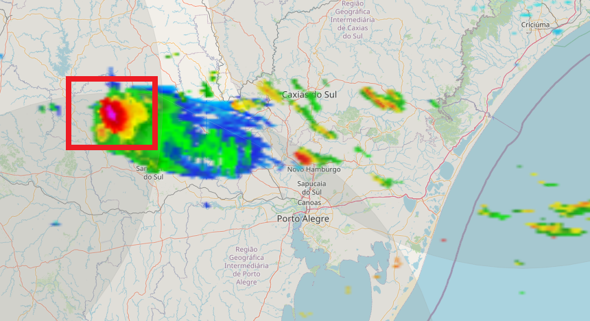 metsul's tweet photo. AGORA | Radar mostra supercélula de tempestade isolada com potencial de granizo grande e vendaval no município de Gramado Xavier. Instabilidade está associada ao avanço de frente fria com ar quente ainda na Metade Norte. Acompanhe as imagens de radar em https://t.co/dg3y658hIl. https://t.co/XjcUwW076J
