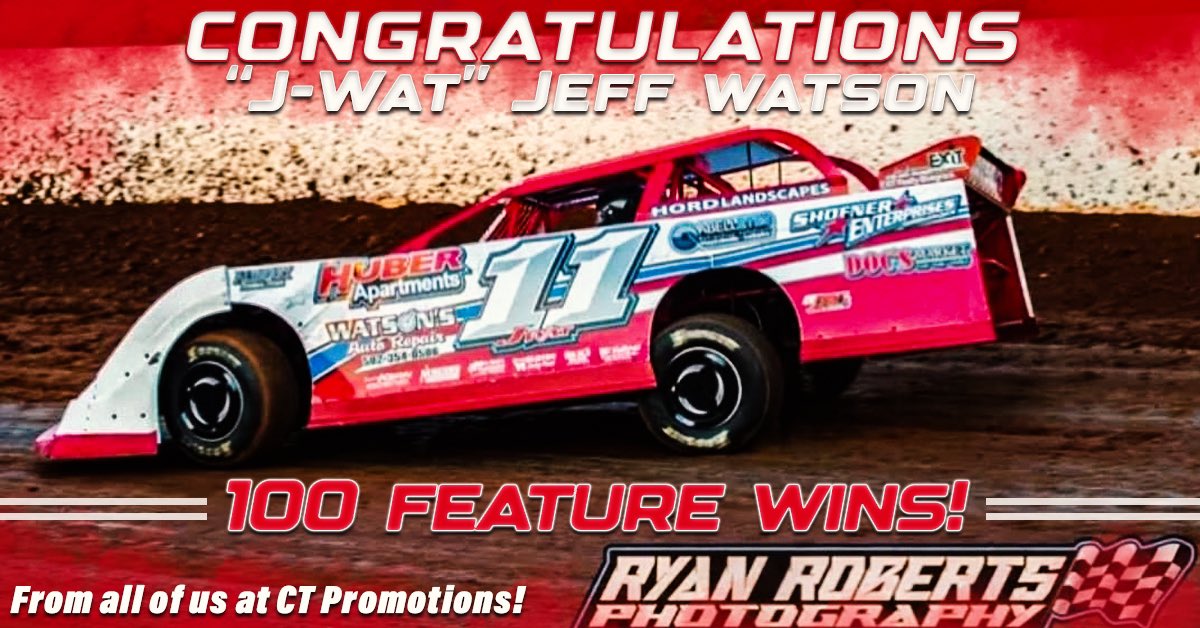 Jeff Watson, we wanted to do a little something for you to commemorate your “100th feature win” last night at Rockcastle Speedway so here ya go buddy! Great milestone, and go get another 300 more! 

CT Promotions 
Chris &amp; Spanky
