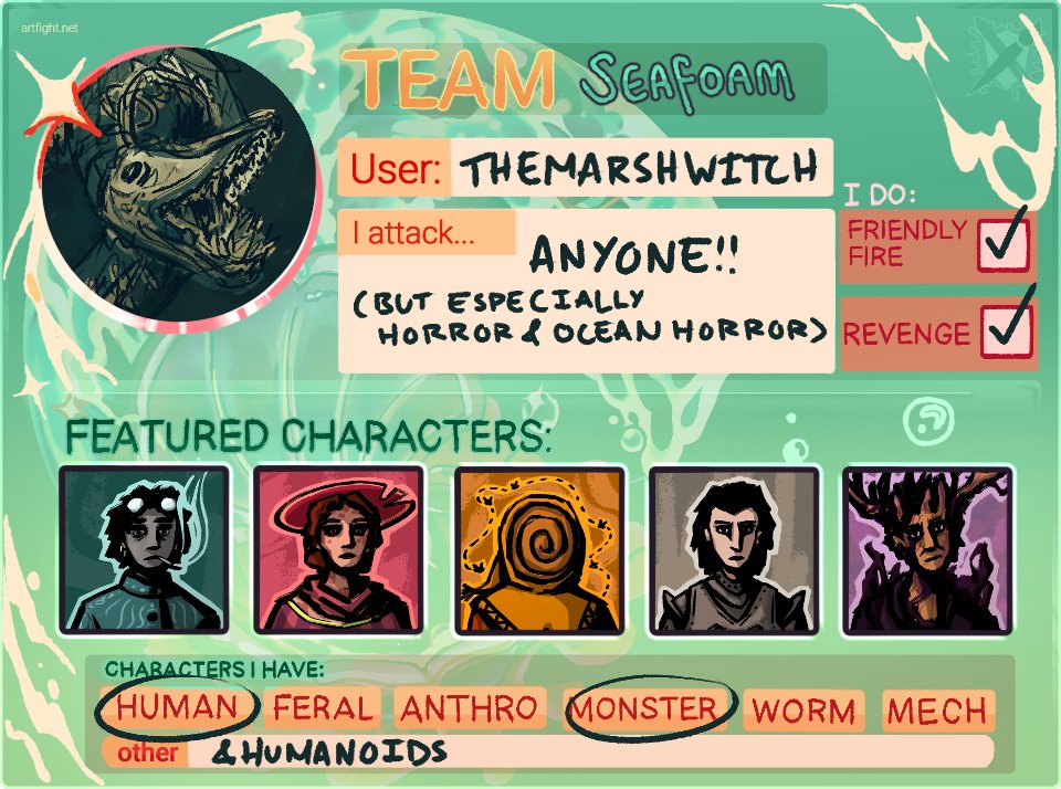 themarshwitch's tweet image. Participating in artfight again this year!! If you've got any icky little guys I'd be honored to draw them
artfight.net/~themarshwitch

#artfight #artfight2024 #teamseafoam