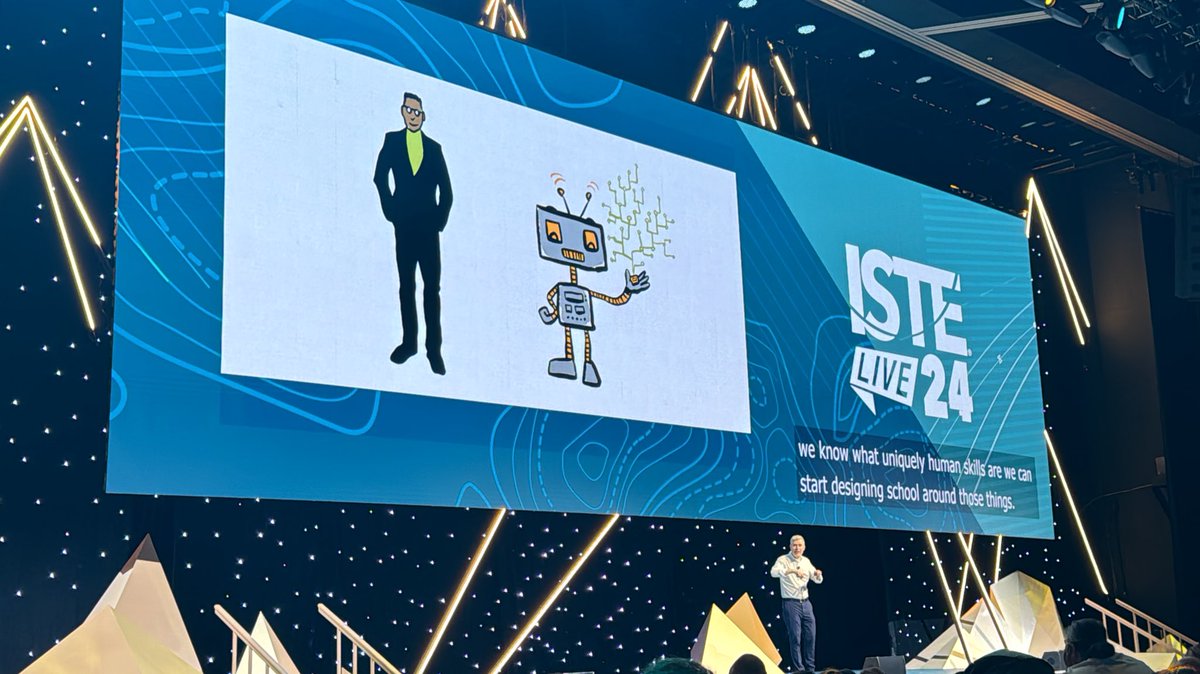 Three questions we should be asking:

1. What are the possibilities and limitations of AI?

2. What does it mean to create?

3. What are uniquely human skills?

<a href="/RCulatta/">Richard Culatta</a> #istelive