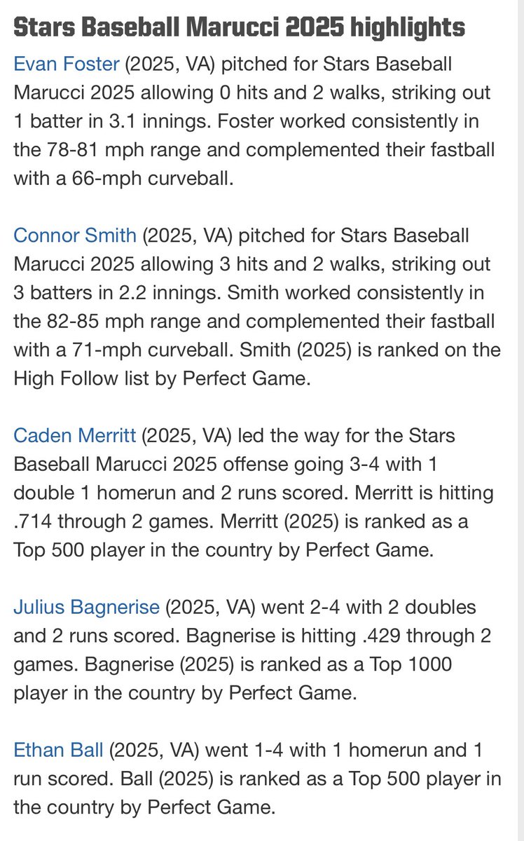 STARS Baseball (@starsbaseballva) on Twitter photo Stars Marucci 2025 win 14-4 at #WWBA 17U National Championship, now 1-1 in pool play.
<a href="/MerrittCaden/">Caden Merritt</a> 3-for-4, 4RBI, HR, 2B
<a href="/ethanba04082462/">ethan ball</a> 2RBI, HR
Julius Bagnerise 2-for-4, 2RBI, 2 2B
<a href="/Jw_kohlmeyer22/">JW KOHLMEYER</a> 2RBI
<a href="/Connors57576388/">Connor smith</a> 2.2 IP, 1 ER, 3Ks
<a href="/EvanFoster2025/">Evan Foster</a> 3.1 IP, 1K Stars Marucci 2025 win 14-4 at #WWBA 17U National Championship, now 1-1 in pool play.
<a href="/MerrittCaden/">Caden Merritt</a> 3-for-4, 4RBI, HR, 2B
<a href="/ethanba04082462/">ethan ball</a> 2RBI, HR
Julius Bagnerise 2-for-4, 2RBI, 2 2B
<a href="/Jw_kohlmeyer22/">JW KOHLMEYER</a> 2RBI
<a href="/Connors57576388/">Connor smith</a> 2.2 IP, 1 ER, 3Ks
<a href="/EvanFoster2025/">Evan Foster</a> 3.1 IP, 1K