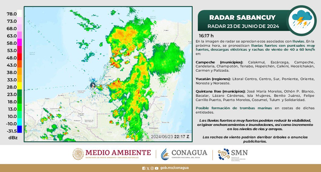 Quintanarroenses, continuarán las lluvias en José María Morelos, Othón P. Blanco, Bacalar, Lázaro Cárdenas, Isla Mujeres, Benito Juárez, Felipe Carrillo Puerto, Puerto Morelos, Cozumel, Tulum y Solidaridad.

Las lluvias fuertes a muy fuertes podran reducir la visibilidad,
