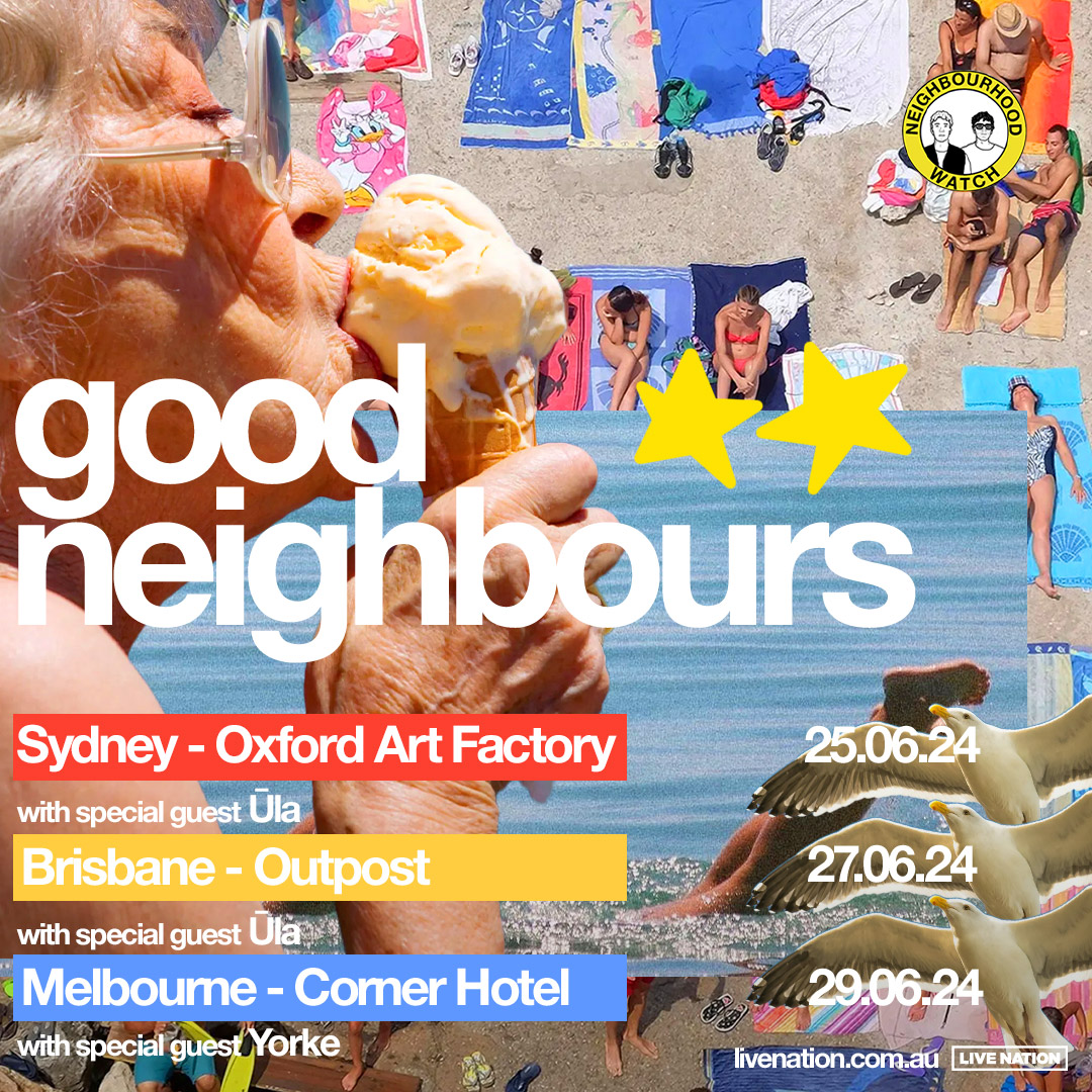 LiveNationAU's tweet photo. SUPPORTS ANNOUNCED ✨ We're excited to announce that joining @goodneighbourss as special guests are @ula_music in Sydney/ Brisbane &amp; @thisisyorke in Melbourne! Touring this week! Final tickets from: https://t.co/qVVp927VTy https://t.co/2V2kNhKKws