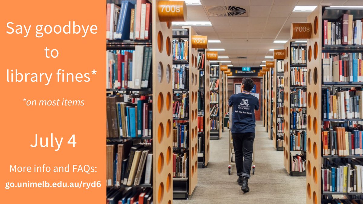 Say goodbye to library fines (on most items)! 
We will no longer charge fines on overdue 7-, 28- &amp; 90- day loans from Thursday 4 July, &amp; will clear existing overdue fines. High Use &amp; items requested by others will still incur fines. For more info: go.unimelb.edu.au/ryd6 <a href="/UniMelb/">University of Melbourne</a>