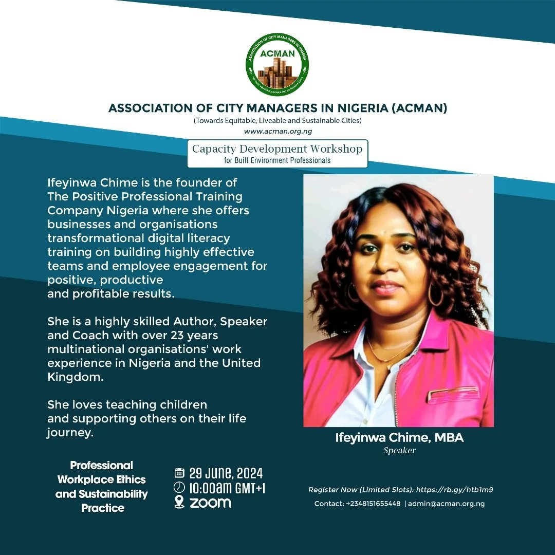 ACMANNIGERIA's tweet photo. Meet our Guest Speakers:

•Ifeyinwa Chime, MBA
Workplace Office Skills, Ethics &amp; Tools Training Specialist
•Engr. Babatunji Adegoke
Project Management Consultant &amp; Sustainability Champion https://t.co/5eStd26oFn