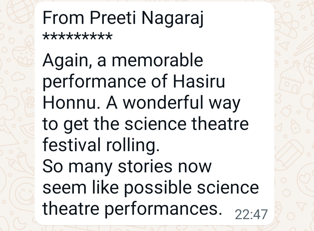 kollegala's tweet image. #MSTF the Mysore Science Theatre Festival held its 7th show last week. Four new plays, 3 #Kannada n 1 English play were showcased to full theatre. Audience had students and public. Here is a glimpse and responses from the public. @IndiaDST @kstacademy