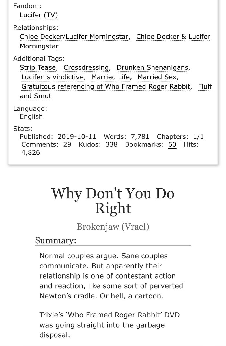 #ficrecfriday didn’t really happen, so here’s a few recs to make up! First up is the Devil in a red dress a la Who Framed Roger Rabbit. Misunderstandings and making up. Just delicious! And a bit naughty..😈.  Why Don’t You Do Right by Brokenjaw (Vrael) archiveofourown.org/works/20989928