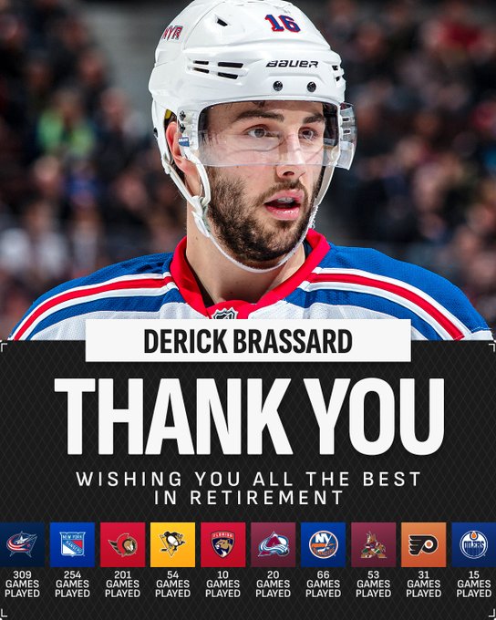 Top: Derick Brassard in a New York Rangers uniform.

Bottom: Large text on a black background reading, "Derick Brassard. Thank you. Wishing you all the best in retirement".

Below that are the logos of each of the teams he played for and the corresponding games played:

"Columbus Blue Jackets - 309 games played
New York Rangers - 254 games played
Ottawa Senators - 201 games played
Pittsburgh Penguins - 54 games played
Florida Panthers - 10 games played
Colorado Avalanche - 20 games played
New York Islanders - 66 games played
Arizona Coyotes - 53 games played
Philadelphia Flyers - 31 games played 
Edmonton Oilers - 15 games played"