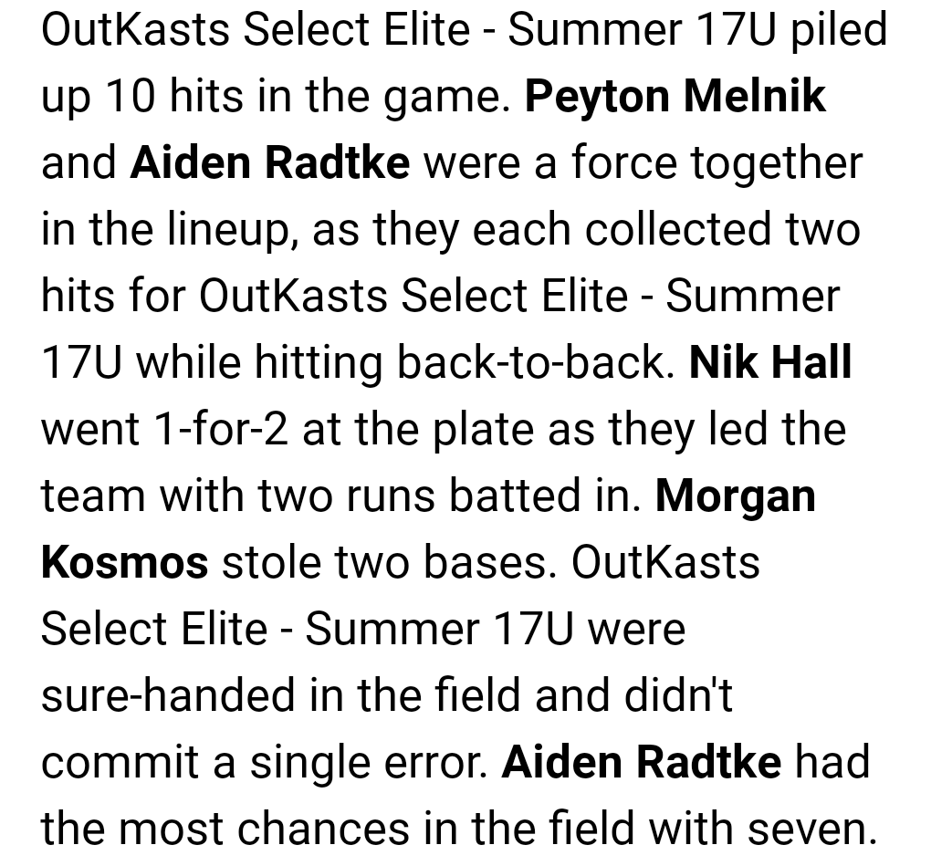 Solid win over Michiana Repetition 9-1 <a href="/BrettGatch4/">Brett Gatch</a> 5IN, 1H, 1R, 5K's
<a href="/RadtkeAiden/">Aiden Radtke</a> 2H, Double, 2RBI <a href="/PeytonMelnik44/">Peyton Melnik</a> 2H, 2RBI <a href="/NikHall08/">HallNik8</a> 1H, 1RBI <a href="/MorganKosmos/">Morgan Kosmos</a> 1H, 1RBI @PBR_Uncommitted <a href="/PrepBaseballIL/">Prep Baseball Illinois</a> <a href="/PrepBaseballIN/">Prep Baseball Indiana</a> <a href="/PrepBaseballWI/">Prep Baseball Wisconsin</a> <a href="/PrepBaseOHScout/">Prep Baseball Ohio Scouting Coverage</a> <a href="/EliteRecruits_/">Elite Recruits</a> <a href="/WLC_Base/">WLC Baseball</a>
