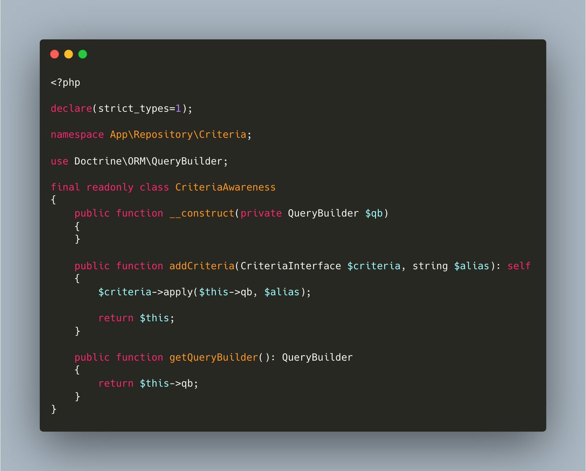 ttskch's tweet image. Doctrine Criteriaのような使用感で検索条件をモジュール化できつつDoctrine\Common\Collections\ExpressionBuilderじゃなくDoctrine\ORM\Query\Exprを使えるやつが欲しかったので苦肉の策でこんな実装にしてみた
#symfony_ja