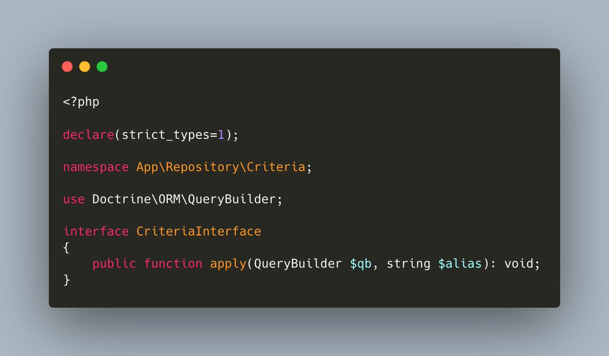 ttskch's tweet image. Doctrine Criteriaのような使用感で検索条件をモジュール化できつつDoctrine\Common\Collections\ExpressionBuilderじゃなくDoctrine\ORM\Query\Exprを使えるやつが欲しかったので苦肉の策でこんな実装にしてみた
#symfony_ja