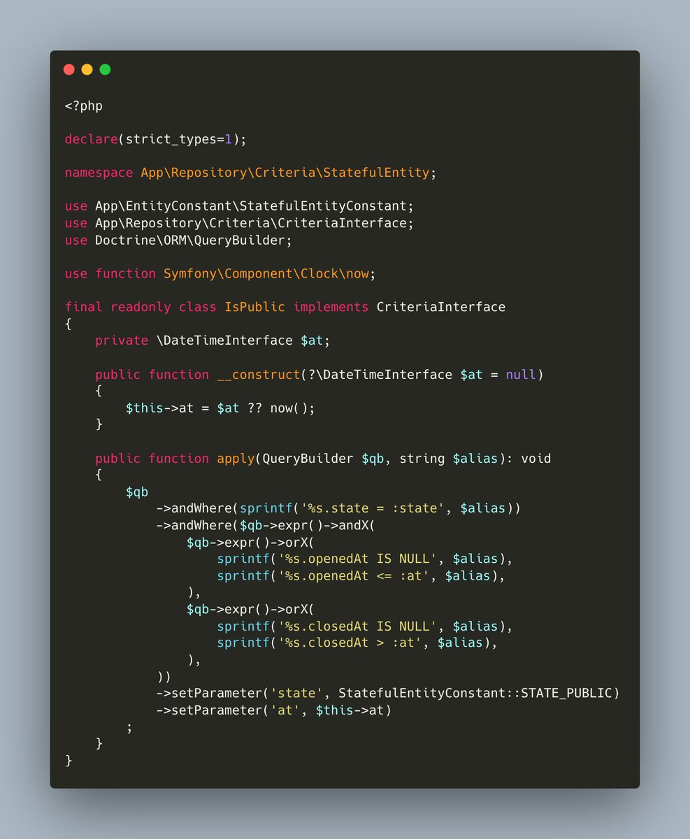ttskch's tweet image. Doctrine Criteriaのような使用感で検索条件をモジュール化できつつDoctrine\Common\Collections\ExpressionBuilderじゃなくDoctrine\ORM\Query\Exprを使えるやつが欲しかったので苦肉の策でこんな実装にしてみた
#symfony_ja