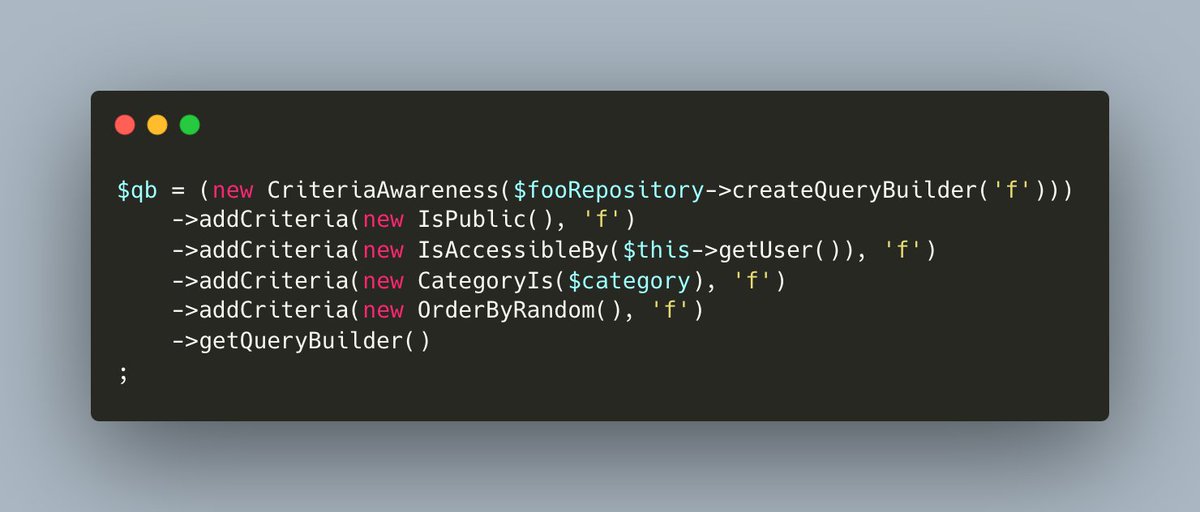 ttskch's tweet image. Doctrine Criteriaのような使用感で検索条件をモジュール化できつつDoctrine\Common\Collections\ExpressionBuilderじゃなくDoctrine\ORM\Query\Exprを使えるやつが欲しかったので苦肉の策でこんな実装にしてみた
#symfony_ja