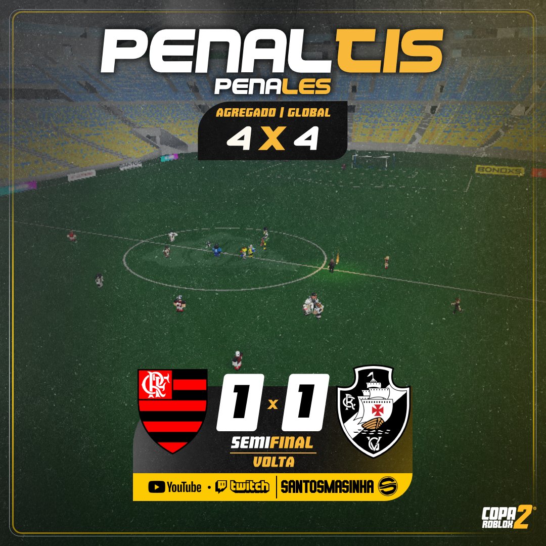 Copa_Roblox's tweet image. 🚨🥅 ALERTA DE PÊNALTIS!
As duas equipes marcam, o agregado continua empatado, e TEREMOS DEFINIÇÃO POR PÊNALTIS!
Ainda da tempo de ver esse ESPETÁCULO ao vivo!
#CopaRoblox2 🏆 - Semifinal (Volta)
🟥 #Flamengo (4) 1 × 1 (4) #Vasco 💢
📺 youtube.com/watch?v=8djKgM…