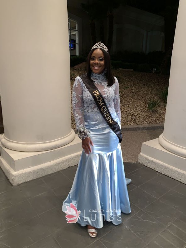 LunssCouture's tweet image. Customized Back Out Blue Prom Dress with Lace Appliqued Details "I was so happy how my dress turned out. I am so happy I didn’t go anywhere else to get my prom dress made I highly recommend Lunss." 
#Customer #Review #RealReview #PromDress #CustomMade #Comment #Lunss #HighNeck