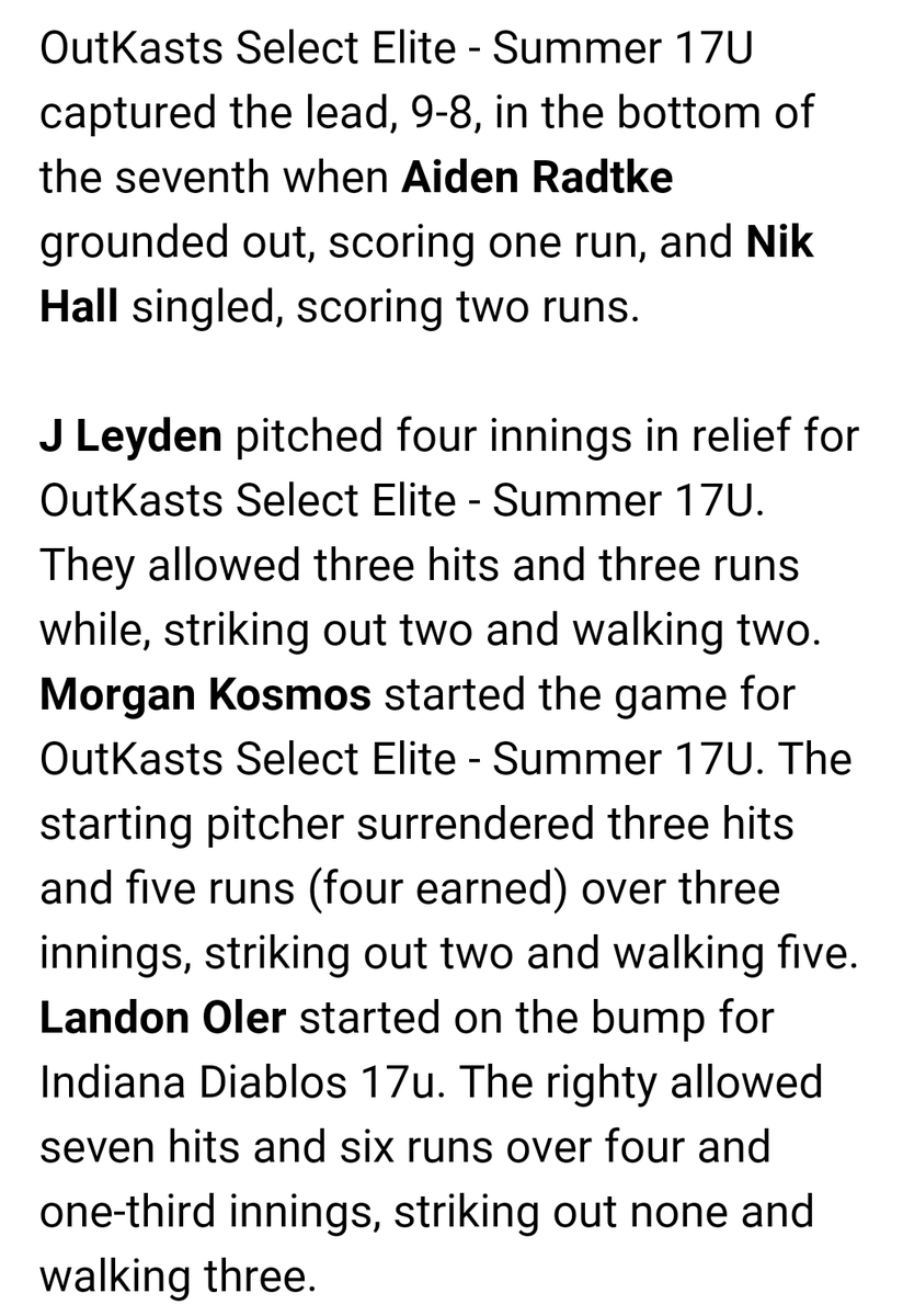 Outkasts2023's tweet photo. Win over Indy Diablos 9-8 @MorganKosmos 3IN, 3H, 5R, 3ER, 2K's @jleydz34 4IN, 3H, 3R, 2K's @jeremygasca25 3H
@BrettGatch4 3H, Double, RBI
@NikHall08 1H, 1RBI
@RadtkeAiden Double
@PeytonMelnik44 Triple @PBR_Uncommitted @PrepBaseballIL @PrepBaseballWI @PrepBaseOHScout @WLC_Base https://t.co/8oRsvg6ALh