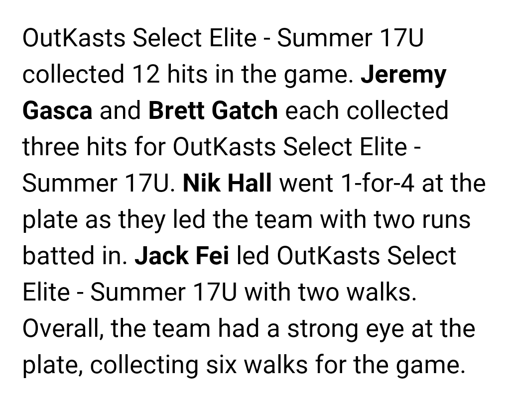 Win over Indy Diablos 9-8 <a href="/MorganKosmos/">Morgan Kosmos</a> 3IN, 3H, 5R, 3ER, 2K's <a href="/jleydz34/">jimmy leyden</a> 4IN, 3H, 3R, 2K's <a href="/jeremygasca25/">Jeremy Gasca</a> 3H
<a href="/BrettGatch4/">Brett Gatch</a> 3H, Double, RBI
<a href="/NikHall08/">HallNik8</a> 1H, 1RBI
<a href="/RadtkeAiden/">Aiden Radtke</a> Double
<a href="/PeytonMelnik44/">Peyton Melnik</a> Triple @PBR_Uncommitted <a href="/PrepBaseballIL/">Prep Baseball Illinois</a> <a href="/PrepBaseballWI/">Prep Baseball Wisconsin</a> <a href="/PrepBaseOHScout/">Prep Baseball Ohio Scouting Coverage</a> <a href="/WLC_Base/">WLC Baseball</a>