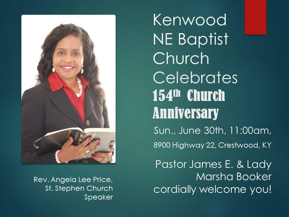JesusSaves838's tweet photo. You are cordially invited to join me, Bill and family at Kenwood Northeast Baptist Church's 154th Church Anniversary Celebration &amp; Homecoming on Sunday, June 30th, 8900 Highway 22, Crestwood, KY!  Please keep me lifted in prayer as I prepare to bring the message.  Jesus saves! https://t.co/9uegZJMMxt