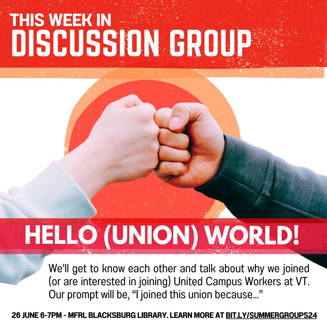 Busy week at UCW-VT! 

Weds, 6/27, 6-7PM at Blacksburg library: Join us (especially if you're new) to meet your new comrades and get to know others!

Thurs, 6/28, 6PM at Nellie's Cave Park: We're having our monthly potluck (please bring a dish)! Friends and family welcome!