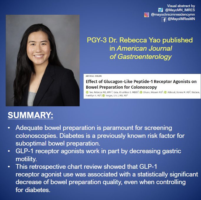 Mayo Clinic Internal Medicine Residency Rochester (@mayomn_imres) on Twitter photo Happy #ScholarlySunday! Check out PGY3 Dr. Rebecca Yao’s most recent work on GLP-1 receptor agonist use and its effect on the adequacy of bowel prep! 💩 <a href="/rebyao/">Rebecca Yao, MD, MPH</a> <a href="/CaThompsonMD/">Carrie Thompson, MD</a> Happy #ScholarlySunday! Check out PGY3 Dr. Rebecca Yao’s most recent work on GLP-1 receptor agonist use and its effect on the adequacy of bowel prep! 💩 <a href="/rebyao/">Rebecca Yao, MD, MPH</a> <a href="/CaThompsonMD/">Carrie Thompson, MD</a>