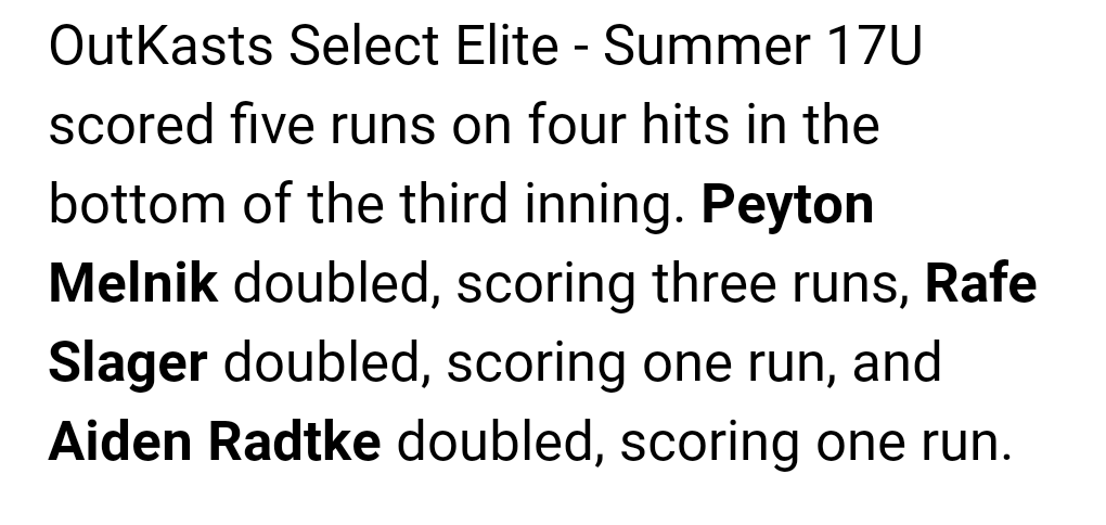 Outkasts2023's tweet photo. Tough loss against 5 Star Midwest 11-6 few bright spots..@JacksonHilger 2IN, 1H, 2K's @RafeSlager 2IN, 1H, 1R @PeytonMelnik44 1H, 3RBI @jleydz34 2H @BrettGatch4 2B @RadtkeAiden Double, RBI @RafeSlager 2B, RBI @jeremygasca25 2B @PBR_Uncommitted @PrepBaseballIL @PrepBaseOHScout https://t.co/oD1FXO2r9j