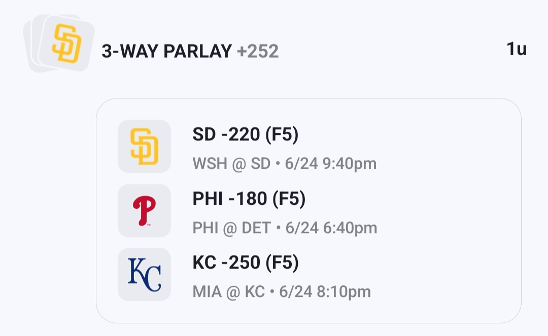 SharpPicksPHD's tweet image. Little F5 parlay for tomorrow. Can&apos;t see any of these teams not being able to score against the opposing starter. We&apos;ll call it a bankroll builder