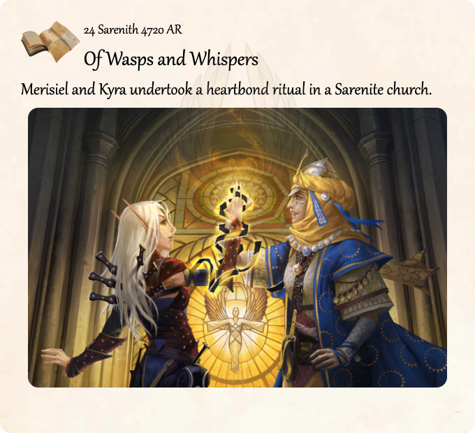 GolarionToday's tweet photo. 24 Sarenith 4720 AR: Of Wasps and Whispers
#Merisiel #Kyra #4720AR
https://t.co/k5zQnzW7sh
Merisiel and Kyra undertook a heartbond ritual in a Sarenite church. https://t.co/Uv8AHQI2ug