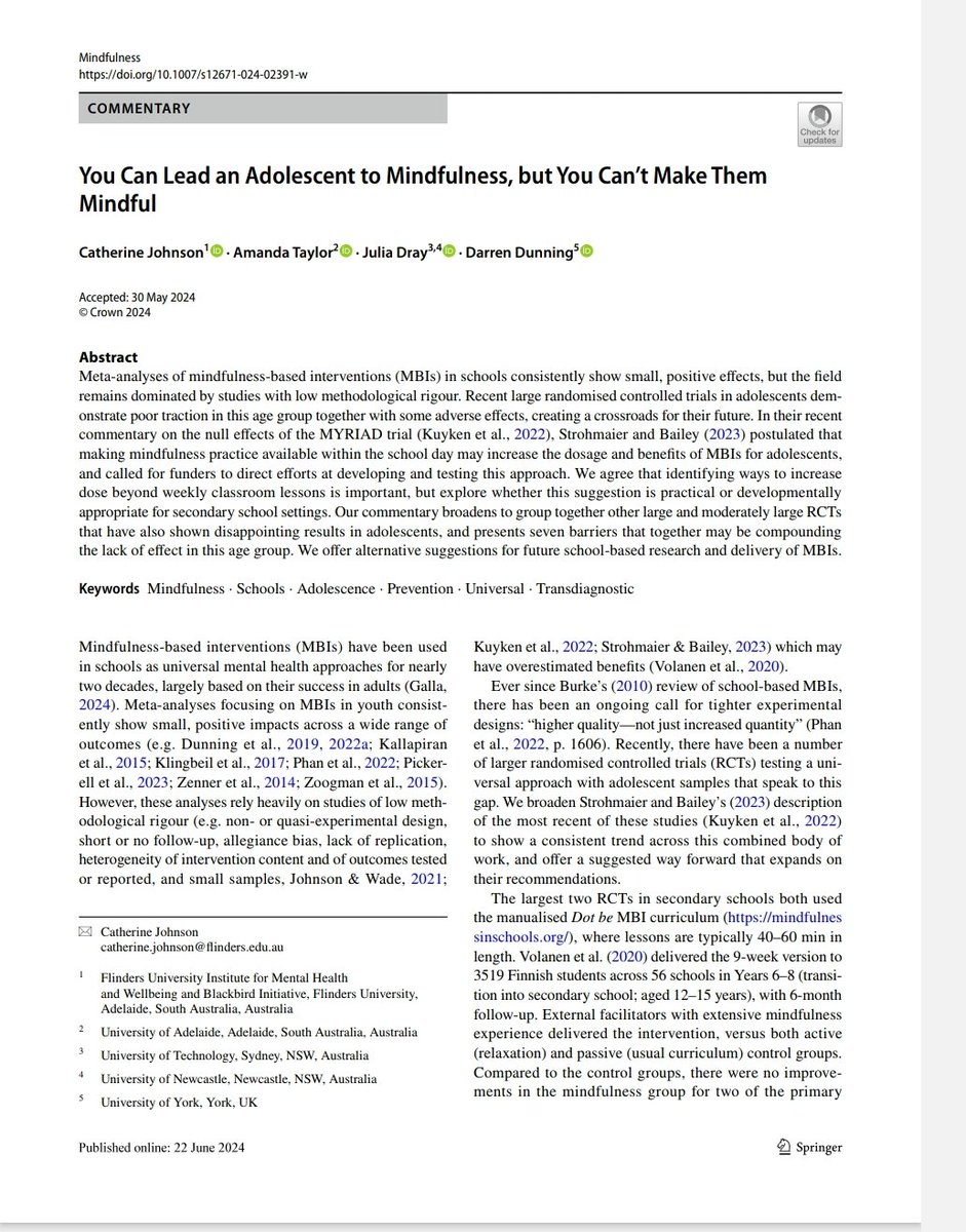 A new international collaboration pushing thought boundaries, questioning evidence, and asking tough questions to move fields forward. Considerations for future school based #mindfulness research and #interventions #MBI 
 <a href="/dr_amandataylor/">Dr Amanda Taylor</a> <a href="/Flinders/">Flinders University</a> <a href="/UTSResearch/">UTS Research</a> <a href="/UniOfYork/">University of York</a>