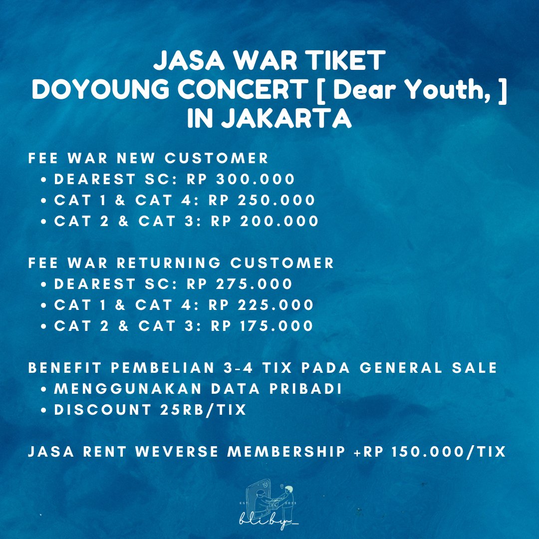 cheesuhstuff's tweet photo. OPEN JASA WAR TIKET – Doyoung Concert Dear Youth in Jakarta

🎫 Ticketing sales on July 2-3

♡no booking fee
♡trusted &amp; experienced(testi on pinned👀) 
♡fee after war, full refund

DM for more information🤍

t. jastip jaswar https://t.co/vxBjJ9bzX8