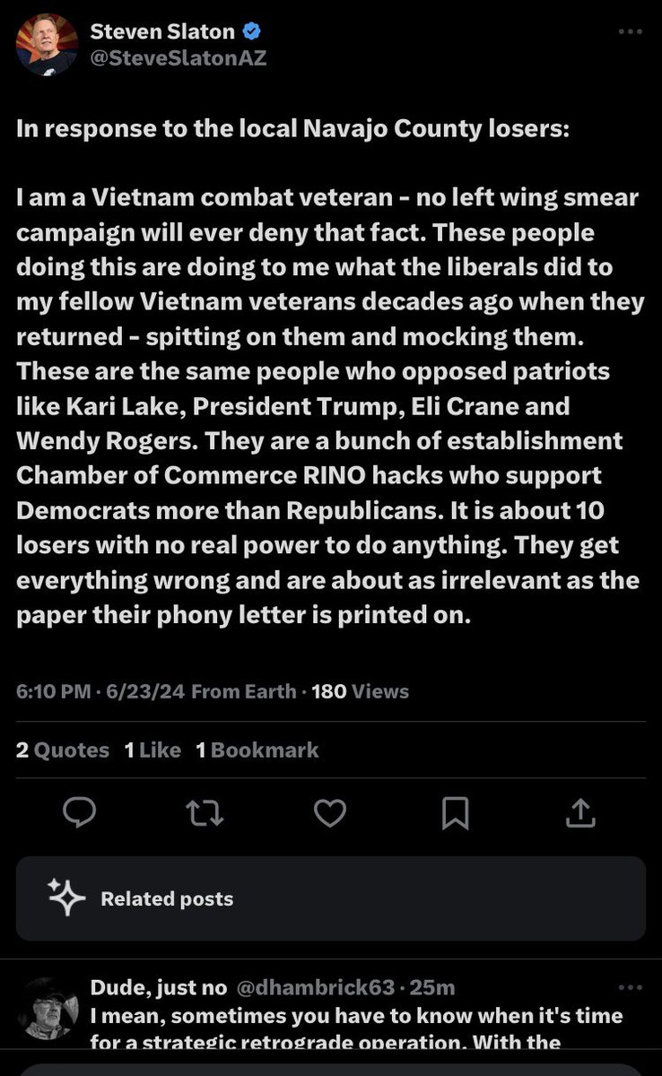 MtnDailyStar's tweet image. Steve Slaton responds on X to the @GopNavajo letter to withdraw from the #AZHouse race in #LD7 and the recent analysis done by @MSG_Jack_Dona and @RealSKeshel. Slaton is endorsed by AZ Sen. Wendy Rogers. 
@WendyRogersAZ 
@KariLake 
@TeamTrump 
@AZGOP 
@StolenValor1