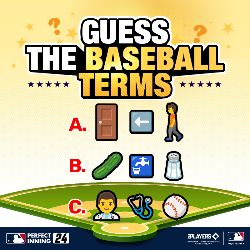 MLB__PI's tweet photo. Guess the baseball terms based on the emojis!

⏰06/23 ~ 06/30 23:59 (PDT)

✅How to Participate✅
1. LIKE the event post.
2. Comment your answers in order along with your user ID.
Format: Answer A/Answer B/Answer C/userID (NO CS CODE)
3. Repost to challenge your friends!

🎁All Participants: [Event] Advanced Player Pack x10
🎁Each Correct Answer: +[Event] Premium Player Pack x3

Rules:
- You must complete all tasks to receive rewards.
- Only entries following the provided format will be counted.
- We are not responsible for any invalid entries and rewards will be sent out based on GMs' provided information.
- The details of the event are subject to change.

#MLB #Baseball #June #Emoji #Quiz #Event