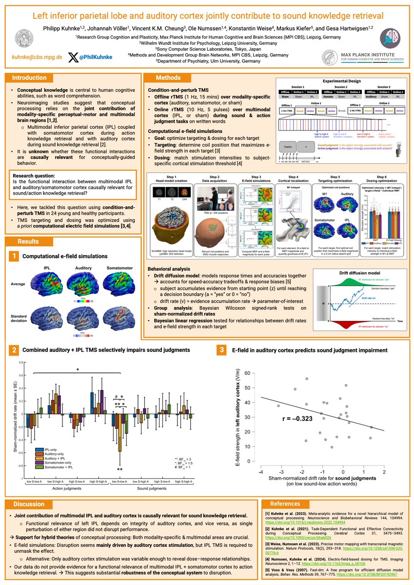 Dr. Philipp Kuhnke (@philkuhnke) on Twitter photo At #OHBM2024, I'm presenting a condition-and-perturb TMS study showing that left IPL and auditory cortex jointly contribute to sound knowledge retrieval.
Come see me at poster 1002 (today 1:15pm) and in tomorrow's oral session on language (Tue 12pm) chaired with <a href="/StephForkel/">Stephanie Forkel</a>! At #OHBM2024, I'm presenting a condition-and-perturb TMS study showing that left IPL and auditory cortex jointly contribute to sound knowledge retrieval.
Come see me at poster 1002 (today 1:15pm) and in tomorrow's oral session on language (Tue 12pm) chaired with <a href="/StephForkel/">Stephanie Forkel</a>!