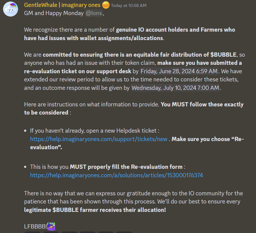 polymonger's tweet image. Just helping to spread the word out for all those out there who don't frequently hop on discord.

If you have issue with your token claim, Submit a re-evaluation ticket on the support desk by Friday, June 28, 2024 ( SGT )

$BUBBLE #ClaimIssues #FAIR #YouSnoozeYouLose