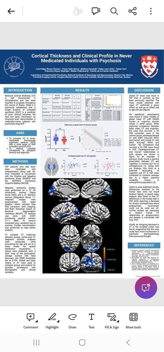 Come visit at poster 665 #OHBM for a chat about cortical thickness in first episode of psychosis patients with a wide range of duration of untreated illness 😁🧠🙌🏻 <a href="/OHBM/">OHBM</a>
