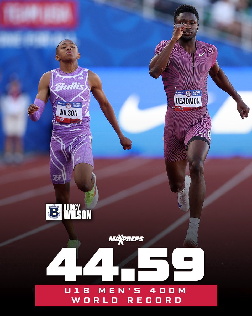 MaxPreps (@maxpreps) on Twitter photo 16-year-old Quincy Wilson QUALIFIES for the 400m FINALS at the 2024 US Olympic Trials. 🇺🇸 <a href="/QuincyWilson5/">Quincy “Q” Wilson</a>
Wilson’s 44.59s time broke his own World U18 Record over 400m again!!! 😳 16-year-old Quincy Wilson QUALIFIES for the 400m FINALS at the 2024 US Olympic Trials. 🇺🇸 <a href="/QuincyWilson5/">Quincy “Q” Wilson</a>
Wilson’s 44.59s time broke his own World U18 Record over 400m again!!! 😳