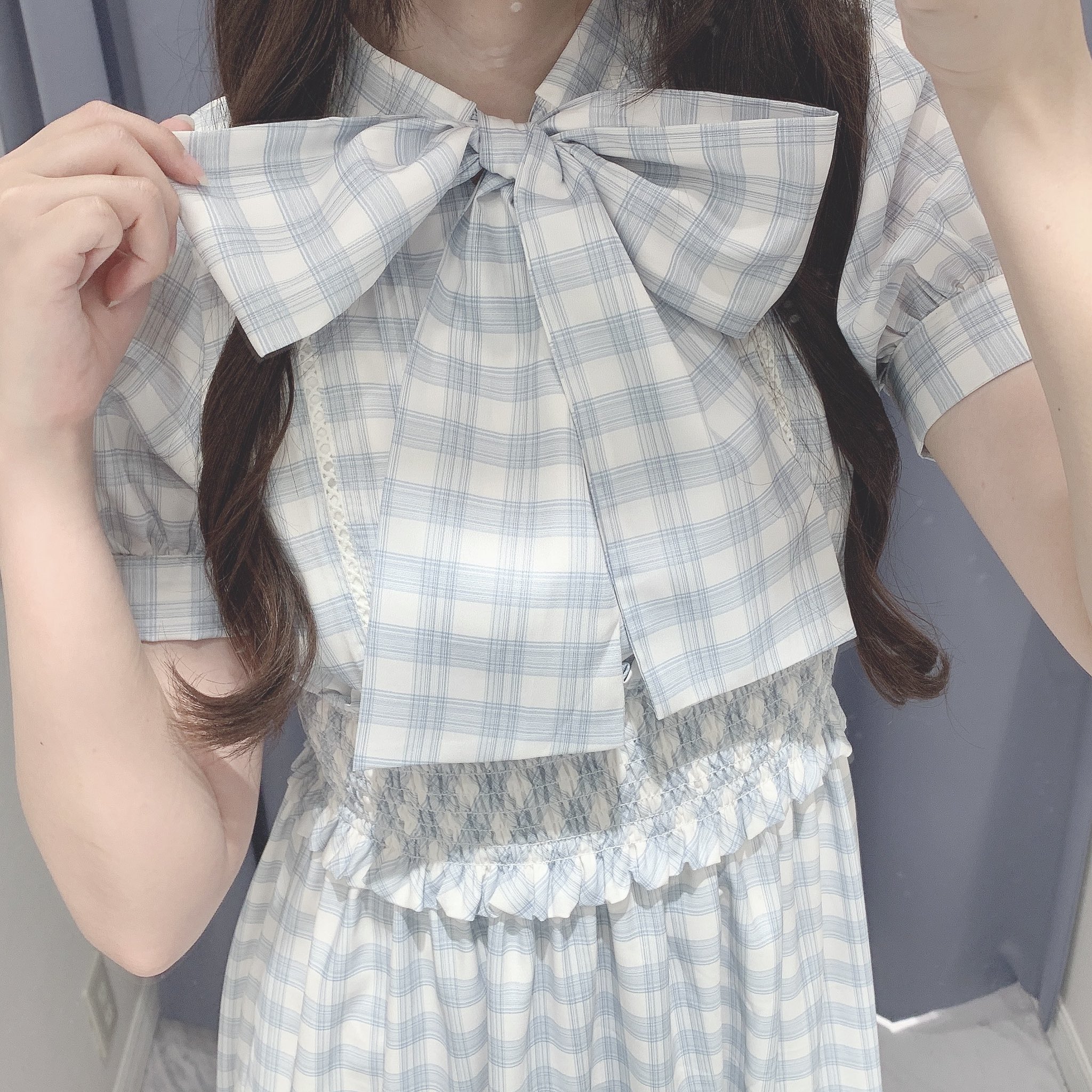 evelyn ハシゴレースチェックOP ブルー evelyn エブリン ハシゴレースチェックOP - メルカリ