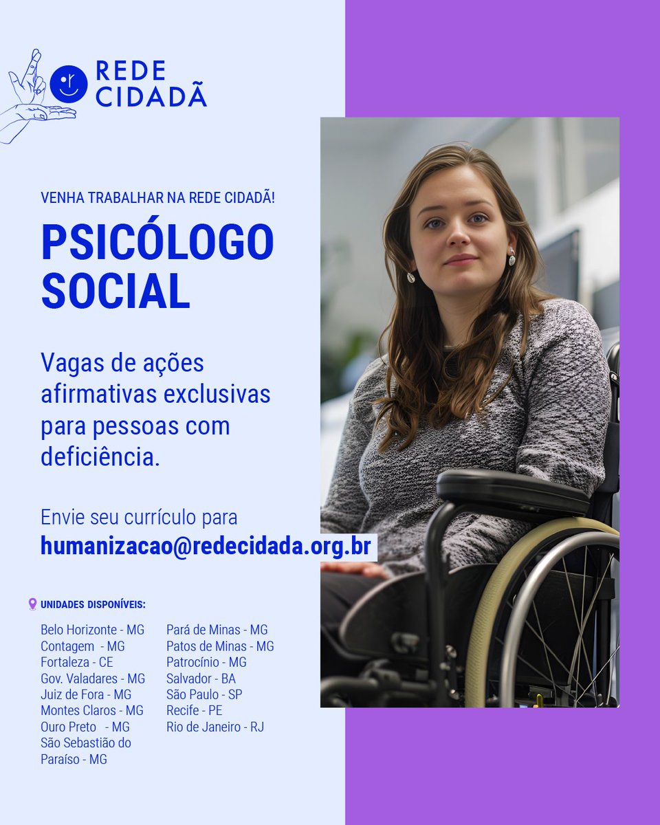 A Rede Cidadã está com vagas abertas para PCD! Esta é a sua chance de ingressar em uma empresa que gera oportunidades reais de trabalho e renda, valoriza a diversidade e a luta pela inclusão. Envie seu currículo para humanizacao@redecidada.org.br e compartilhe essa oportunidade!