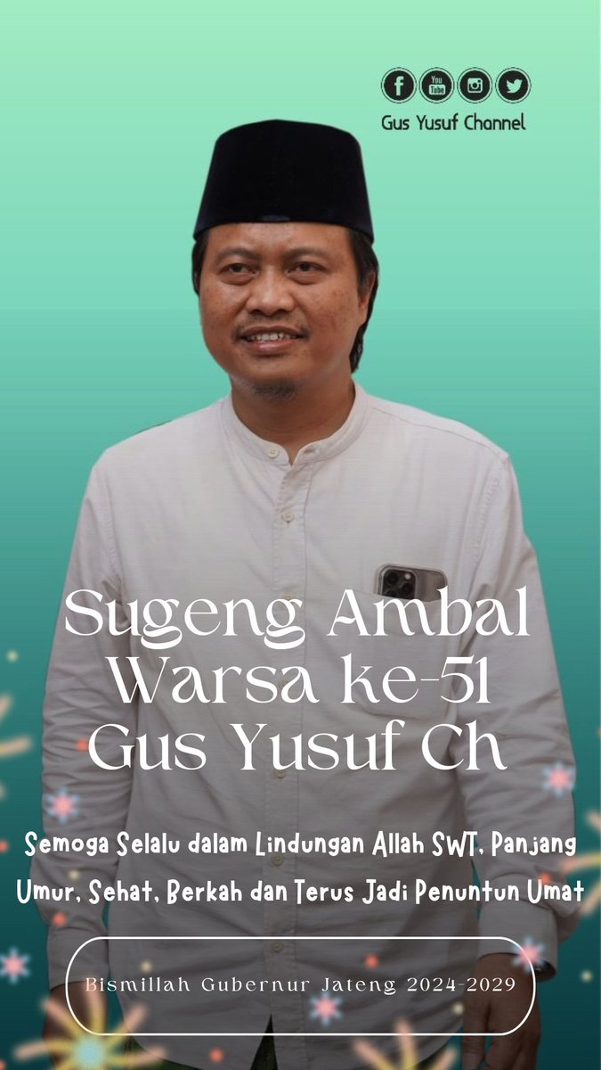 Sugeng ambal warsa Gus <a href="/yusuf_ch/">M Yusuf Chudlory</a> semoga selalu dalam lindungan Allah Swt, panjang umur, sehat, berkah, dan terus jadi penuntun umat 🤲
Cc. <a href="/DPP_PKB/">DPP PKB</a> <a href="/pkbjawatengah/">DPW PKB Jateng</a> <a href="/gusyusufchannel/">Gus Yusuf Channel</a> <a href="/FastFMMagelang/">Radio Fast FM Magelang</a> #GusYusufCh #GusYusuf #Magelang