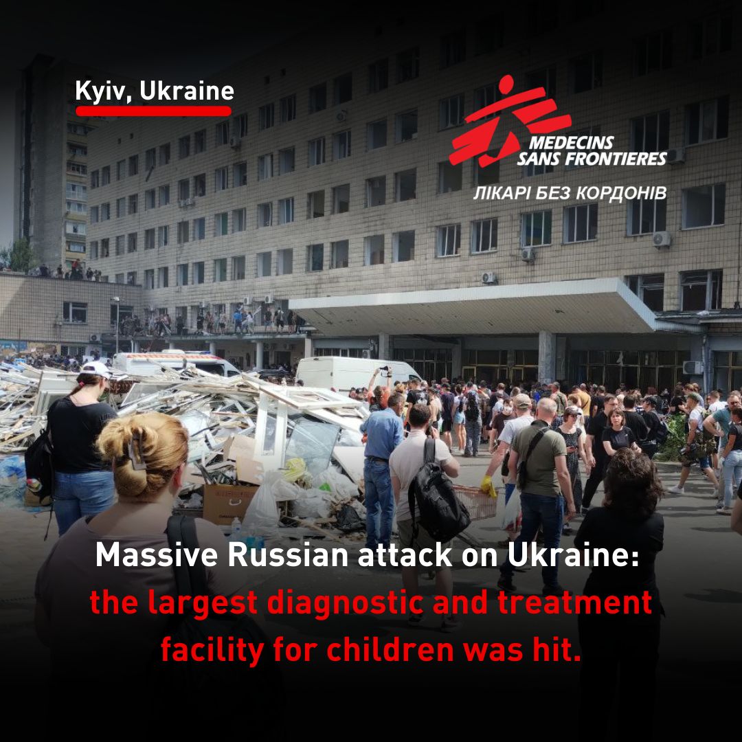 MSF_Ukraine's tweet image. The largest diagnostic and treatment facility for children in #Ukraine was hit. The children's dialysis department was particularly damaged. Two adults were killed, and there are 16 wounded, including 7 children, according to the Ministry of Internal Affairs of Ukraine.
