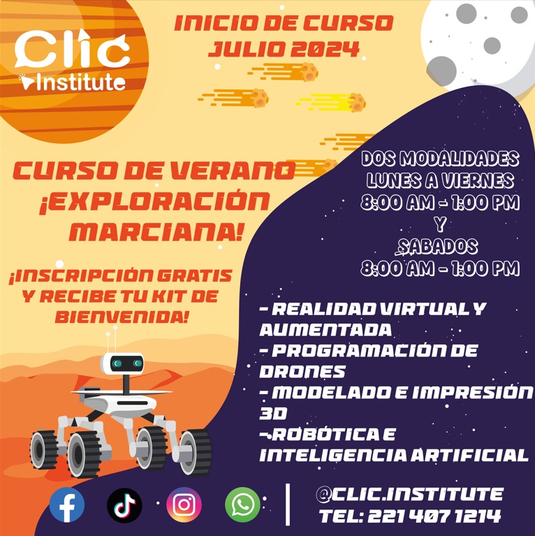 ClicInstitute's tweet photo. Nuestro curso de verano “Exploración marciana” está diseñado para niños curiosos y creativos que desean explorar el vasto universo de la ciencia y la tecnología a través de una temática espacial única. https://t.co/DZll47IMfG