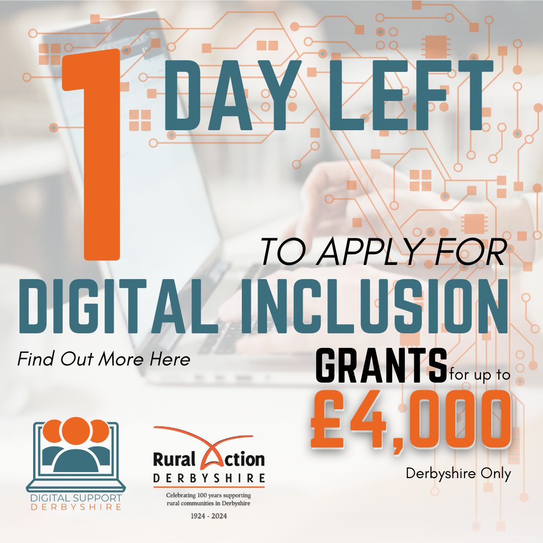 Only 1 day left to apply for Digital Inclusion Grants of up to £4,000! Apply via the online form on our website. Non-members can contact us to sign up.

For more info, visit: ruralactionderbyshire.org.uk/digital...

#DigitalInclusion #Derbyshire #CommunitySupport